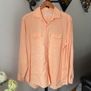 Tommy Bahama Mens Button Front Shirt Orange Stripe Long Sleeve Two Pockets